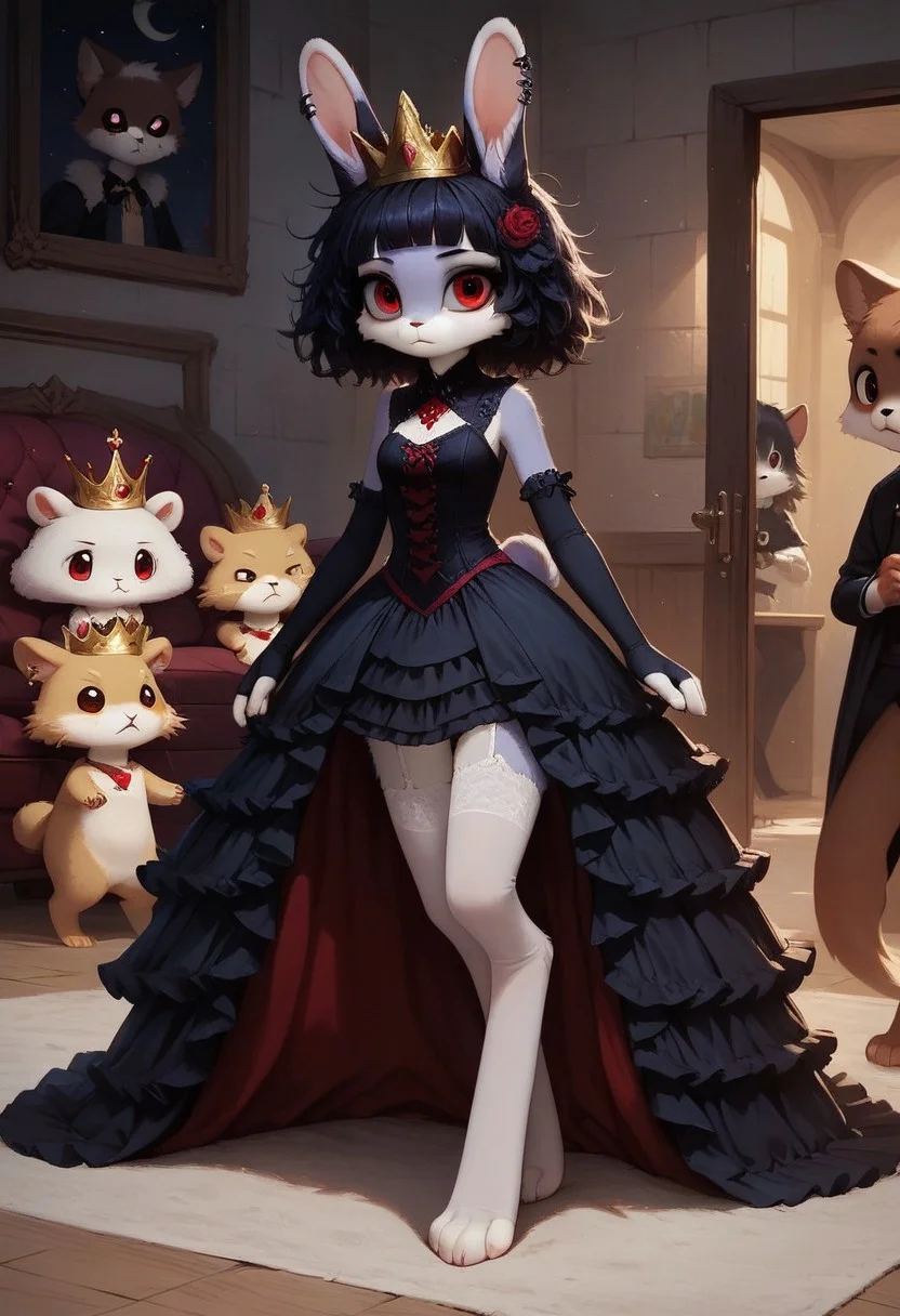 score_9, score_8_up, (night time, in living room ,Caught by many men's wrists and legs and pressed to the ground,Being molested by many men)
,(semi-realistic),(furry:2.0),
rabbit girl, (black rabbit ears:1.3, (cute face, cute), white skin, bored face, small medium chest, short hair, (black hair:1.2), messy hair , blunt bangs, (red eyes:1.1), hair covers ear, (youthful:1.), (crown,Princess dress,Dress long gloves,White silk stockings, goth),medium boobs,
(female focus, full body:0.8) ,
(detailed faces1.5) , masterpiece, high res, (detailed eyes, Expressiveh, perfect eyes) <lora:Expressive_H:1>