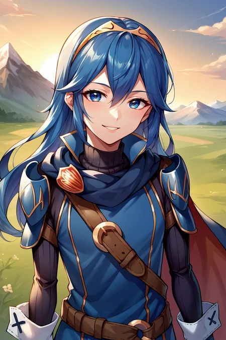 score_9, score_8_up, score_7_up, score_6_up, source_anime BREAK 1girl, <lora:lucina-pdxl-nvwls-v1-000005:1> defLuci, long hair, tiara, cape, shoulder armor, blue tunic, long sleeves, cuffs, blue scarf, fingerless gloves, belt, pants, upper body, looking at you, smile, sunset, mountains, field
