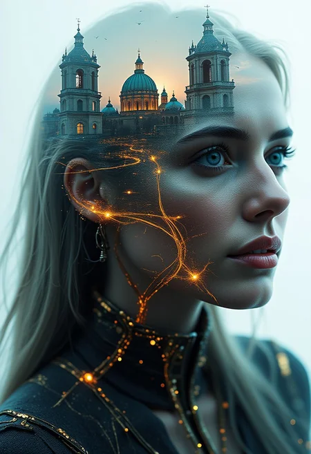 Beauty, realism, cinematography, chiaroscuro, rays of light, play of shadow and light, cinematic quality, Cinematic style.
a double exposure image that combines the cityscape of berlin with a close-up of a person's face, tight dress, long hair, creating a dramatic and artistic effect where the two elements merge seamlessly, The image captures the haunting beauty of a cityscape merging with the detailed features of a person's face,