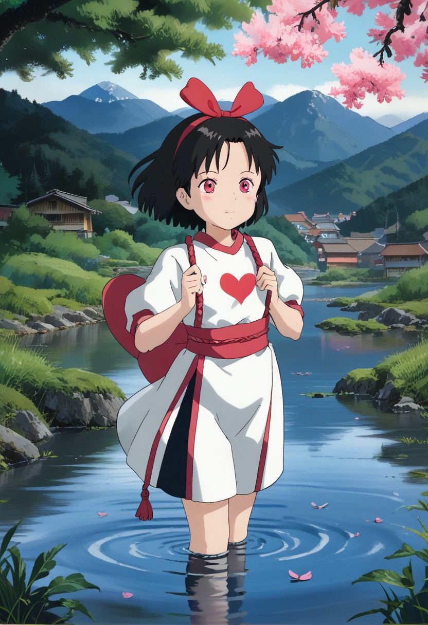 An illustration of a black-haired girl with pink eyes dressed in a traditional Japanese Kyudo outfit. She is drawing a fallos heart. She is holding a cupid with a heart. The background is a serene landscape with mountains, trees, and a body of water. GHBL