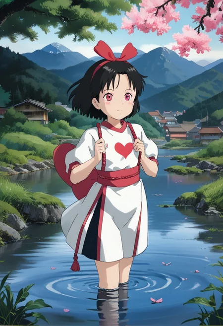 An illustration of a black-haired girl with pink eyes dressed in a traditional Japanese Kyudo outfit. She is drawing a fallos heart. She is holding a cupid with a heart. The background is a serene landscape with mountains, trees, and a body of water. GHBL