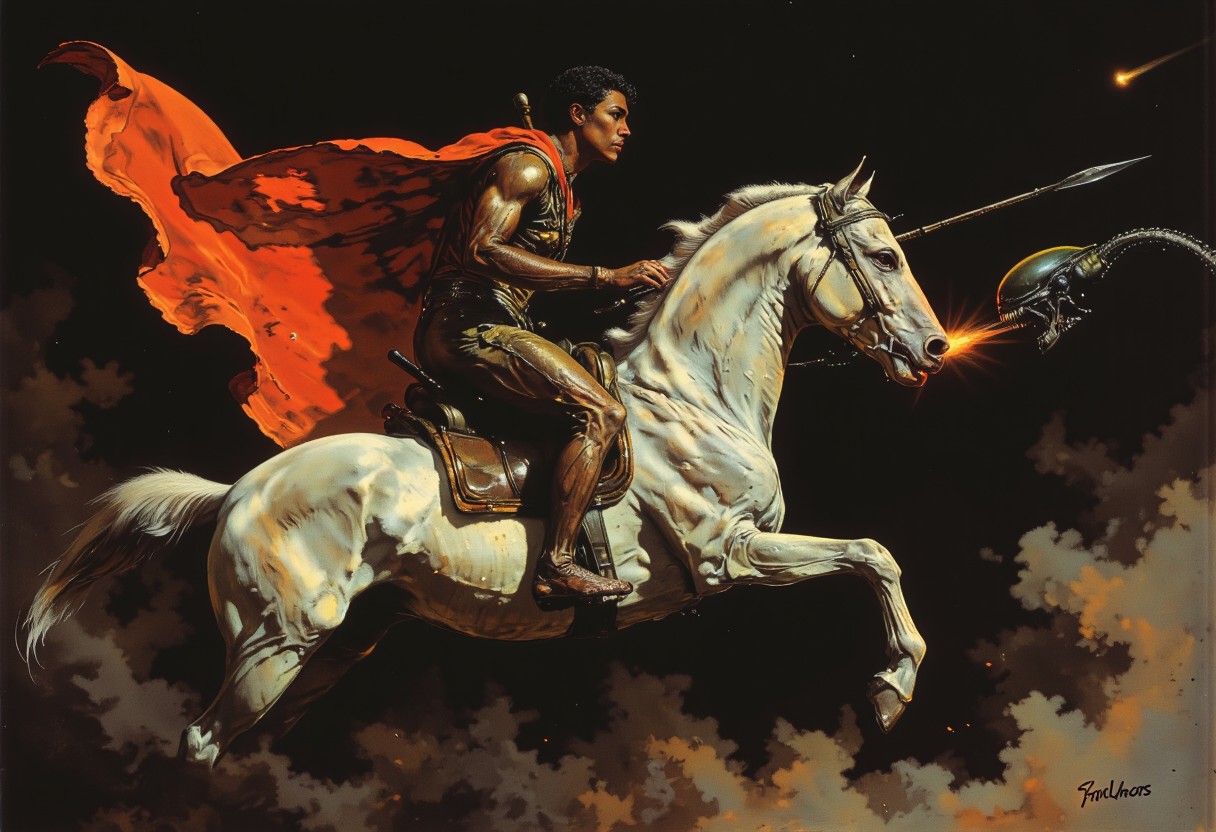 A detailed oil painting in classical style portrays a warrior on horseback. The muscular young man with curly dark hair wears gleaming, golden armor, intricately patterned for a regal appearance. His intense expression and determined gaze exude focus, while a flowing red cloak billows behind him, adding dramatic movement. He grips the reins of the horse with his left hand, while his right hand holds a spear being driven into an attacking xenomorph from the Alien universe. The white stallion, captured mid-gallop, shows powerful muscles rippling under its glossy coat, its legs extended forward with dynamic speed. The background features dark, tempestuous clouds swirling around, creating a tense atmosphere that highlights the warrior’s heroic stance. The painting’s textures—smooth armor, rough mane—bring the historical accuracy to life. A chrome silver line runs asymmetrically through the composition, partially obscuring the warrior’s face, introducing a modern surreal twist to this timeless battle scene. The scene captures valor, urgency, and a striking contrast between historical and contemporary elements. The imagery is similar to Saint George slaying the Dragon. The xenomorph is the Dragon in this context.