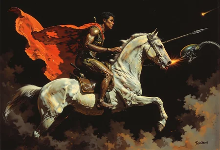 A detailed oil painting in classical style portrays a warrior on horseback. The muscular young man with curly dark hair wears gleaming, golden armor, intricately patterned for a regal appearance. His intense expression and determined gaze exude focus, while a flowing red cloak billows behind him, adding dramatic movement. He grips the reins of the horse with his left hand, while his right hand holds a spear being driven into an attacking xenomorph from the Alien universe. The white stallion, captured mid-gallop, shows powerful muscles rippling under its glossy coat, its legs extended forward with dynamic speed. The background features dark, tempestuous clouds swirling around, creating a tense atmosphere that highlights the warrior’s heroic stance. The painting’s textures—smooth armor, rough mane—bring the historical accuracy to life. A chrome silver line runs asymmetrically through the composition, partially obscuring the warrior’s face, introducing a modern surreal twist to this timeless battle scene. The scene captures valor, urgency, and a striking contrast between historical and contemporary elements. The imagery is similar to Saint George slaying the Dragon. The xenomorph is the Dragon in this context.