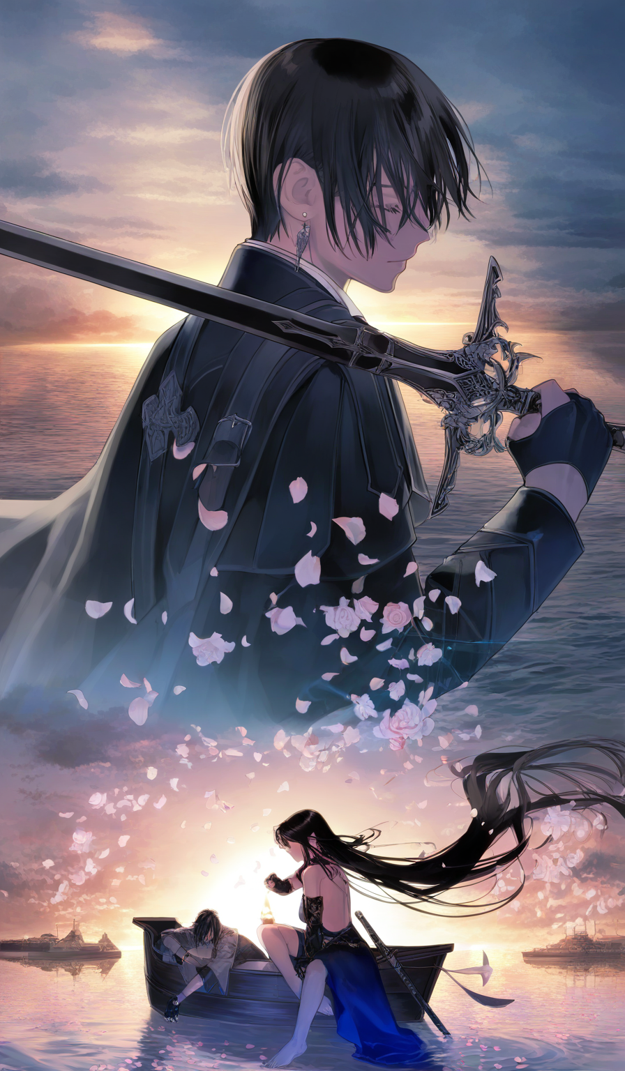 <lora:éµé£¼æ²æ¨¹-Style-000060:1>,highres,absurdres,newest,very awa,masterpiece,best quality,year 2024,
(upper body:1.6),
1girl, candle, 1boy, weapon, sword, black hair, long hair, barefoot, closed eyes, cloud, gloves, sitting, sky, water, jewelry, flower, holding, sunset, fingerless gloves, very long hair, earrings, cloudy sky, sheath, outdoors, black gloves, rose, instrument, short hair, ocean, watercraft, bird, coat, boat, petals, holding weapon, knife, holding sword