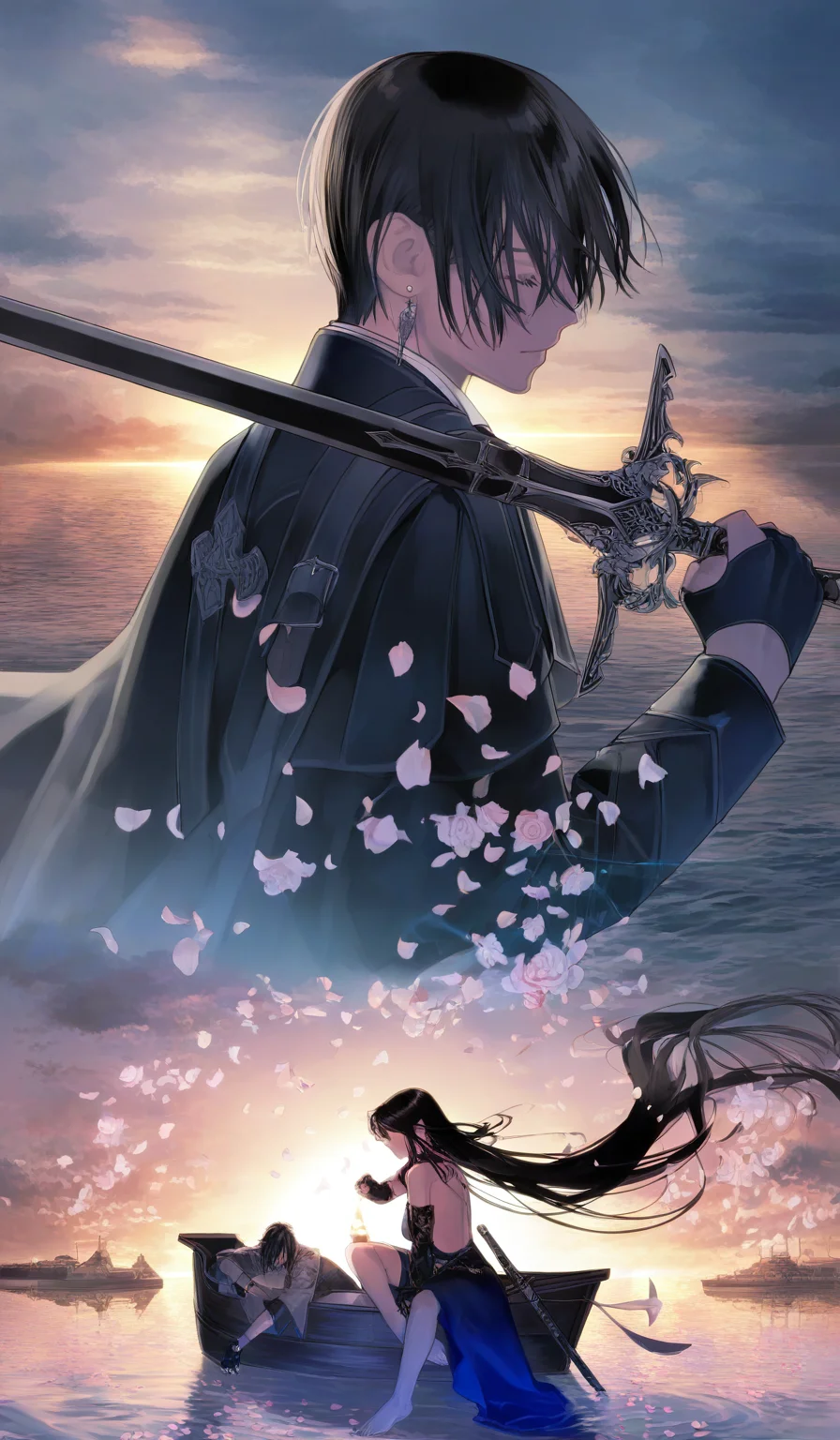 <lora:éµé£¼æ²æ¨¹-Style-000060:1>,highres,absurdres,newest,very awa,masterpiece,best quality,year 2024,
(upper body:1.6),
1girl, candle, 1boy, weapon, sword, black hair, long hair, barefoot, closed eyes, cloud, gloves, sitting, sky, water, jewelry, flower, holding, sunset, fingerless gloves, very long hair, earrings, cloudy sky, sheath, outdoors, black gloves, rose, instrument, short hair, ocean, watercraft, bird, coat, boat, petals, holding weapon, knife, holding sword