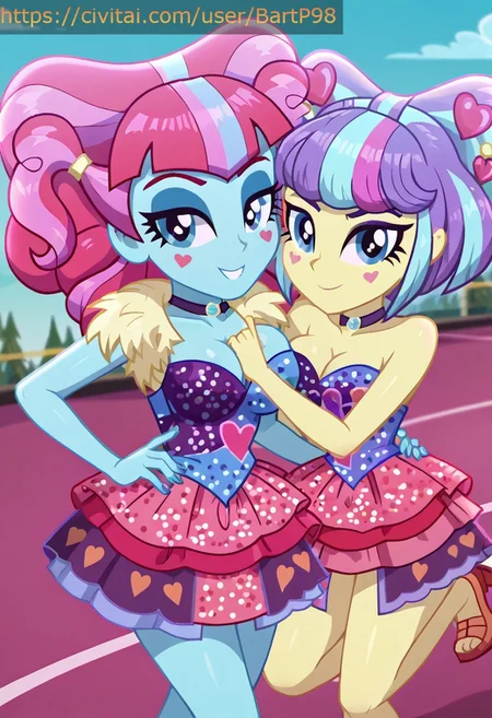 score_9, score_8_up, score_7_up, score_6_up, score_5_up, score_4_up, my little pony, (equestria girls, show accurate), Kiwi Lollipop, Supernova Zap, 2girls, duo, sexy, huge ass, wide hips, curvy, (voluptuous body:1.2), round breasts, breasts together, cleavage, beautiful, detailed, high detailed, very beautiful, detailed cute face, detailed eyes, detailed hand, beautiful fingernails, detailed body, vector, vibrant colors, shiny, outdoors, dynamic pose, standing, looking at viewer, smile, high angle