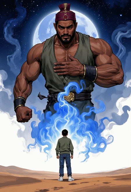 An image in style of ink wash painting, featuring a rugged Arabian genie floating in front of an 18-year-old Asian boy traveler in a vast desert at night. The genie has a muscular upper body with thick arms, wearing a traditional fez hat, and his lower body fades into dense, glowing blue smoke. One hand rests on his chest, the other behind his back, with a slight smile. The traveler, dressed in modern clothing, green shirt, blue jeans and white canvas shoes, stands with his back to the camera, facing the genie. The desert is bathed in the soft, eerie glow of moonlight, and the starry sky above contrasts with the deep, dark shadows of the midnight landscape.
<lora:Shuimozhuangshi_Ink_wash_painting_style_v2.7:1>