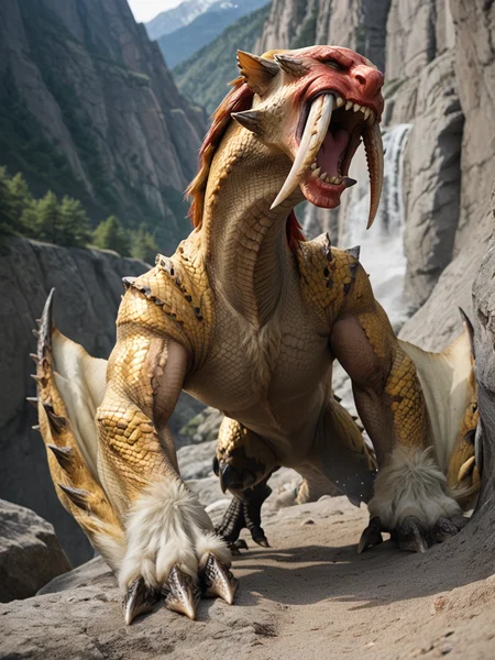 <lora:MH_Barioth_a1_4_PonyXL:0.9>, score_9,score_8_up,score_7_up, mountain climbing photography, looking straight down photo
(extreme close_up shot, extreme portrait),cropped photo, face focus, hardlight,
barioth,feral,solo,hi res,detailed background, climbing up a mountain cliff face,green eyes,red face,yellow body,open mouth,action pose,dust cloud,white fangs, tail, one arm up clawing
, bloom, subsurface scattering, sharp hyper detailed, (shiny metallic skin:1.2), (ultra-detailed short_fur small_scales:1.1), bright highlights, <lora:RM_Enhancer_v1.0_bf16:.1>  <lora:p:.2> <lora:Add_More_details_SD3:.5> ,