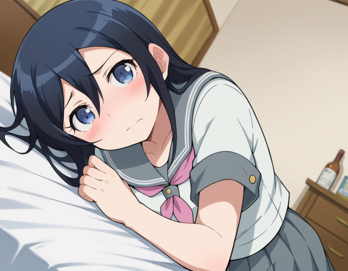 score_9, score_8_up, score_7_up, source_anime,
ayasearagaki, <lora:ayase-aragaki-s2-ponyxl-lora-nochekaiser:1>,
ayase aragaki, long hair, blue eyes, black hair, hair between eyes,
skirt, school uniform, serafuku, shirt, white shirt, grey sailor collar, grey skirt, pleated skirt, neckerchief, pink neckerchief,
indoors, bed, bed room, on side, blush, drunk,
looking at viewer, cowboy shot, solo, dutch angle,