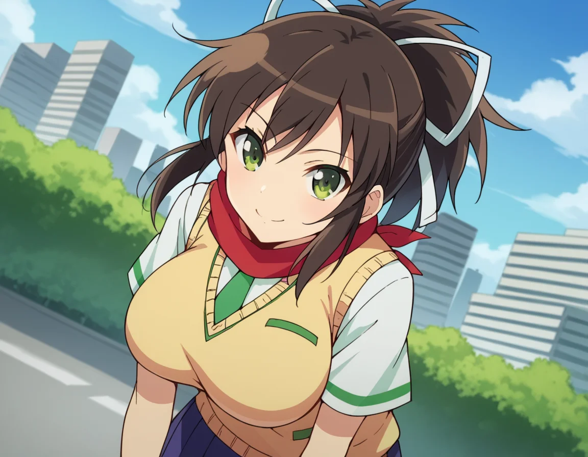 score_9, score_8_up, score_7_up, source_anime,
skasuka, <lora:sk-asuka-ponyxl-lora-nochekaiser:1>
asuka, brown hair, green eyes, ribbon, hair ribbon, ponytail, smile, large breasts,
skirt, school uniform, necktie, scarf, short sleeves, sweater, sweater vest,
outdoors, cityscape, bent over,
looking at viewer, dutch angle, cowboy shot