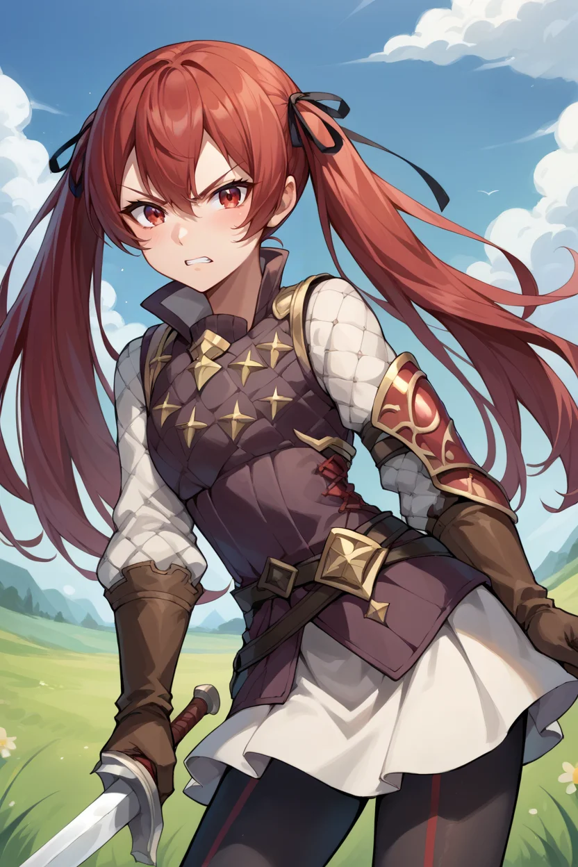score_9, score_8_up, score_7_up, score_6_up, source_anime BREAK 1girl, solo, <lora:fesevera-pdxl-nvwls-v1-000005:1> defSelena, red hair, red eyes, twintails, hair ribbon, armor, brown vest, white sleeves, brown gloves, white skirt, pantyhose, holding sword, looking at you, serious, clenched teeth, blue sky, field