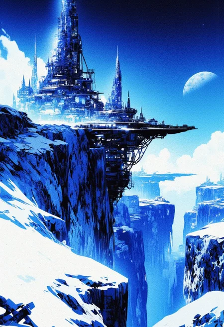 Inkpunk Anime, blue and white theme, Abstract digital painting in the style of ck-js, icy snow-covered landscape landscape, Artemis Station perched at the edge of an icy cliff, its sleek towers a stark contrast to the cliffs surrounding it. The planet’s sun casts a vivid, surreal light across the station, while deep fissures reveal rivers of blue far below. The sky is a dark blue, with a moon hanging low in the horizon