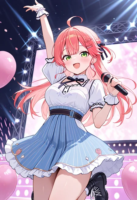 masterpiece,best quality,absurdres,perfect lighting,outdoors, stage,stage lights, balloon, heart,
*//*,<lora:Sakura_Miko-Illustrious:1>,sakumiko_2offset,1girl,solo,sakura miko,virtual youtuber,green eyes,pink hair,long hair,bangs,ahoge,hair ornament,hairclip,white shirt,short sleeves,puffy sleeves,wrist cuffs,bridal gauntlets,striped skirt,blue skirt,frilled skirt,boots,black footwear,earrings,jewelry,holding, microphone,
*//*,looking at viewer,cowboy shot,light smile,open mouth,jumping, arm up,