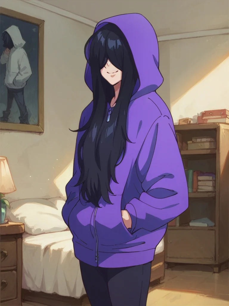 score_9, score_8_up, score_7_up,
1girl, zenshu, black hair, long hair, hair over eyes, smile, purple hoodie, hands in pockets, indoors, bedroom, looking at viewer, hood up, hood,