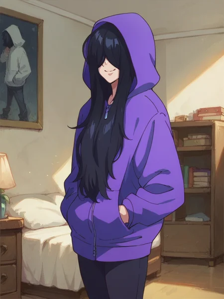 score_9, score_8_up, score_7_up,
1girl, zenshu, black hair, long hair, hair over eyes, smile, purple hoodie, hands in pockets, indoors, bedroom, looking at viewer, hood up, hood,