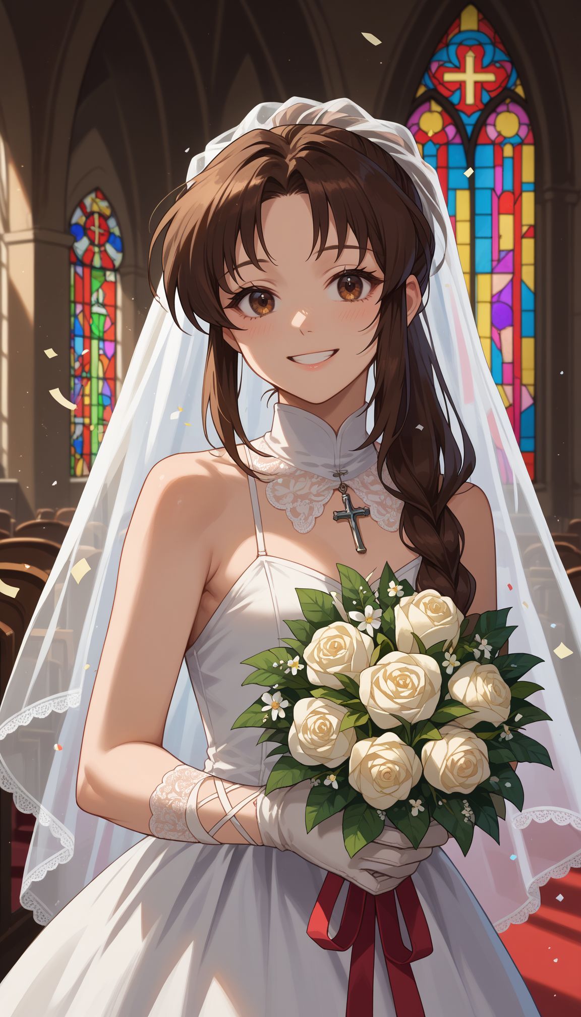 score_9, score_8_up, score_7_up, score_6_up, , solo, 
 <lora:Kyonko:0.8> kyonko, 1girl, ponytail, long hair, brown hair, brown eyes, , indoors, church, stained glass, whie veil, laced gloves, upper body, close portrait church, holding bouquet, (confetti:1.1), smile, white dress, wedding dress, church, holding bouquet, (confetti:1.1)