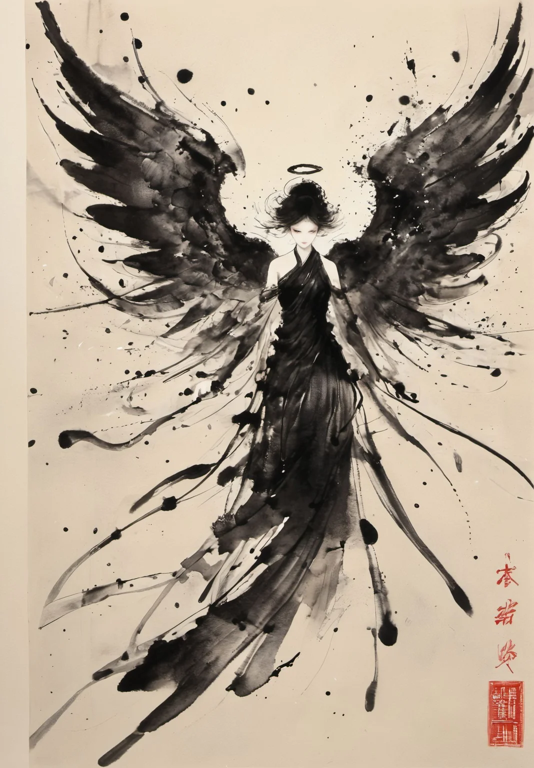 Splattered black ink,flawless,clean,Behind an angel are huge angel wings,
Meticulous brush,Freehand splash ink,xuer Ancient style ink,<lora:~Q?XL-SXrxuer Ancient style ink:0.8>,