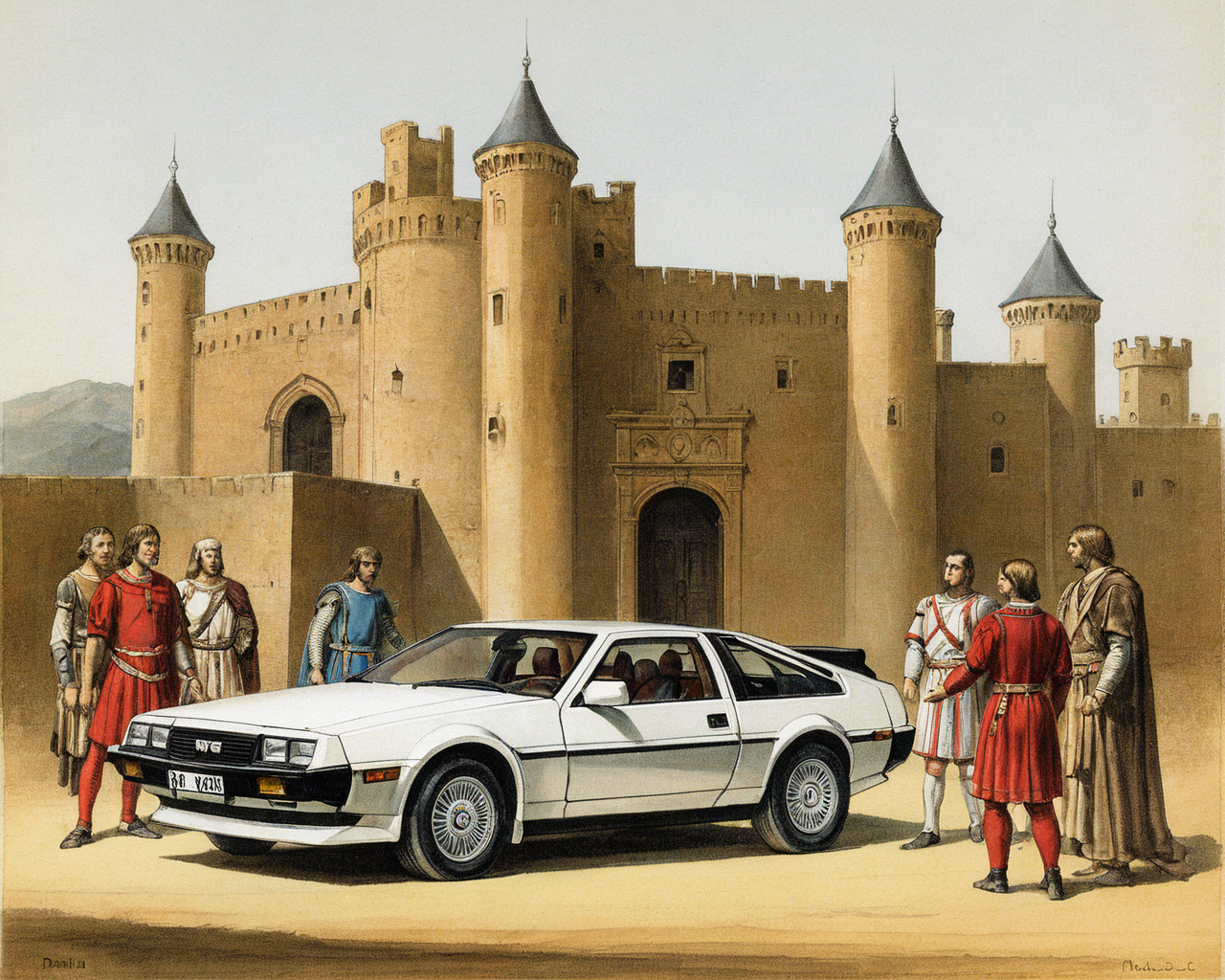vintageillustration, painting of a DMC DeLorean next to a castle, 1200BC, 8k, very detailed, UHD, extreme details, medieval,  DMC DeLorean