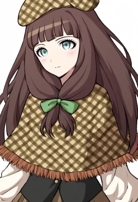 source_anime, <lora:zs_AwakeningPortraitsXL:1> awakeningportraits portraits, white background, solo, female focus, 1girl, IIroha Nijue, danganronpa, brunette, teal eyes, long hair, sidetails, bangs, hair ribbon, green ribbon, beret, diamond pattern beret, yellow beret, duster, yellow duster, diamond pattern duster, vest, black vest, white sleeves, skirt, brown skirt, verybadimagenegative_v1.3, score_9, score_8_up, score_8, single view, flat color,