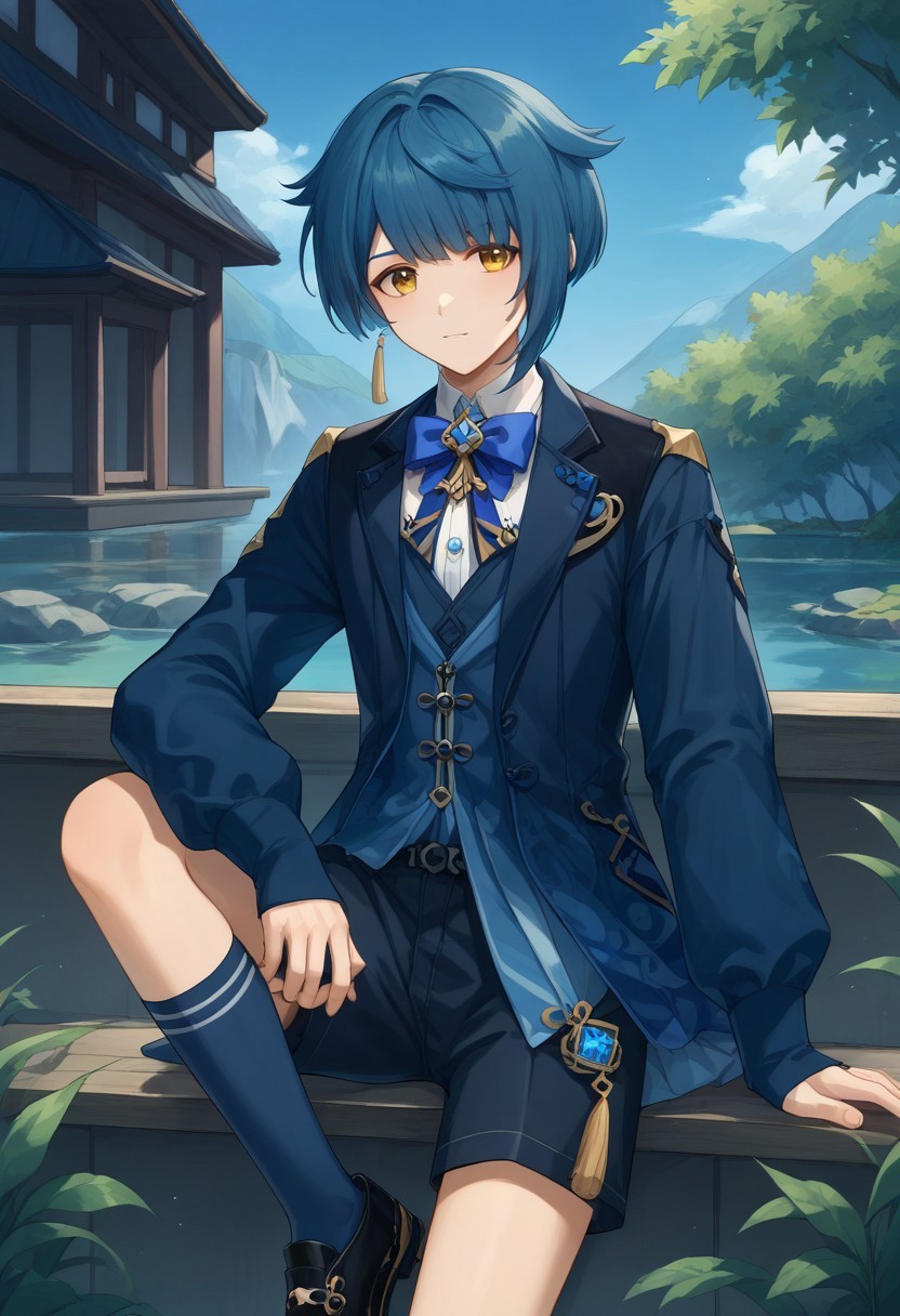 score_9, score_8_up, score_7_up, source_anime, highly detailed, 

Xingqiu, 1boy, male focus, solo, dark blue hair, bangs, short hair, yellow eyes, alternate costume, bow, bowtie, blue bowtie, jacket, long sleeves, shirt, shorts, white shoorts, socks, kneehighs, blue socks, shoes, black footwear, vision (genshin impact), jewelry, tassel, 

indoor, oriental,