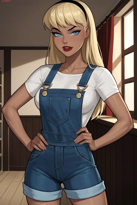 PonyXLV6_Scores BREAK ((parody), perfect anatomy, perfect eyes, cowboy shot) <lora:add_details_xl:0.8> BREAK <lora:Supergirl_-_DC_Animated_Universe:0.8> kara zor-el, long hair, blonde hair, blue eyes, dark-skinned female, lipstick, red lips, flirting, raised eyebrow, ((looking at viewer)), hairband, white shirt, overalls, overall shorts, medium breasts, curvy, toned, athletic, standing, hands on hip, indoors