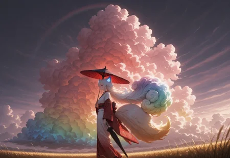 masterpiece, best quality, absurdres,anime style,detailed eyes,
1 female solo,((((Cloud hair)))),long hair,blue eyes,kitsune tails,white kimono,red sleeves,golden embroidery,
wide shot,from side,feet out of frame,low angle,
looking to the left,sun umbrella,washi umbrella,multicollored umbrella,red umbrella,black umbrella,walking along rye field,

background, ((((huge fluffy Clouds)))),((((rainbow gradient cloud)))),dimly lit,