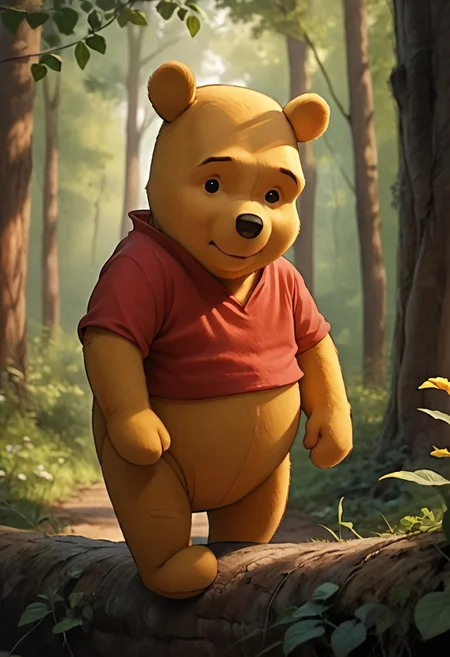 score_9, score_8_up, score_7_up, score_6_up, winniethepooh, solo, red shirt, shirt, 1boy, furry male, bear, short sleeves, black eyes, cute, standing in the forest, trees, flowers, sunshine, facing viewer, looking at viewer, listening, concerned, friend, close up face, expressive face, caring, photorealistic render