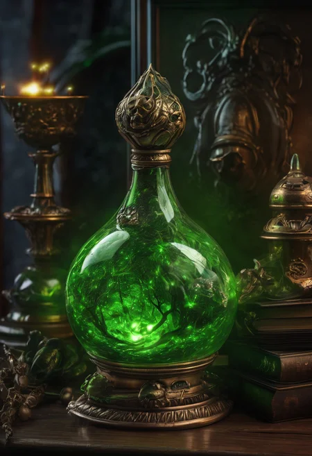 Score_9, Score_8_up, Score_7_up, Score_6_up, Score_5_up, Score_4_up, high_def, highest quality, 4k, best quality, masterpiece, no humans, object focus, focused, defined, (Photorealistic magic potion:1.3), intricate glass bottle, elixir, (skull inside potion:0.7), poison green colors, bubbling, ethereal light, flashy lights, magic lights, luminous, dynamic reflections, magical aura, highly detailed, fantasy essence, glowing particles, radiant aura