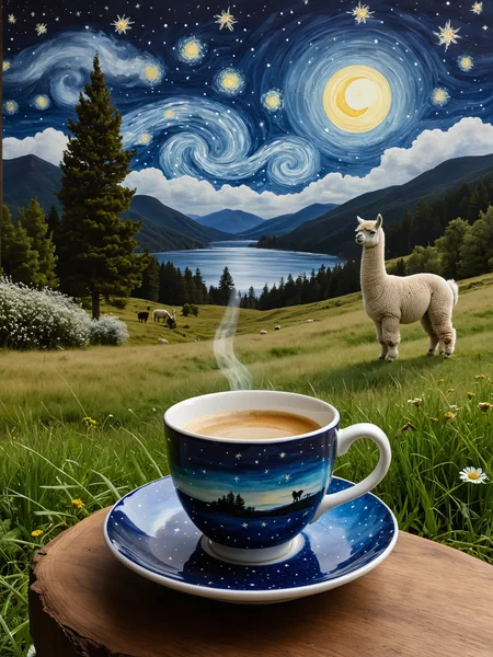 Surfing the Big Waves
Cup and saucer with a steaming cup of coffee
An alpaca grazing in a meadow
A starry night sky