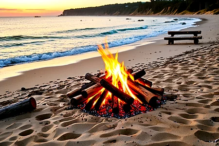 <lora:pytorch_lora_weights_361535:1>,A professional scenic photography of a beachside bonfire pit with log seating arranged around the flames. The sound of the ocean waves crashing against the shore complements the warmth of the fire, creating a cozy, intimate setting,