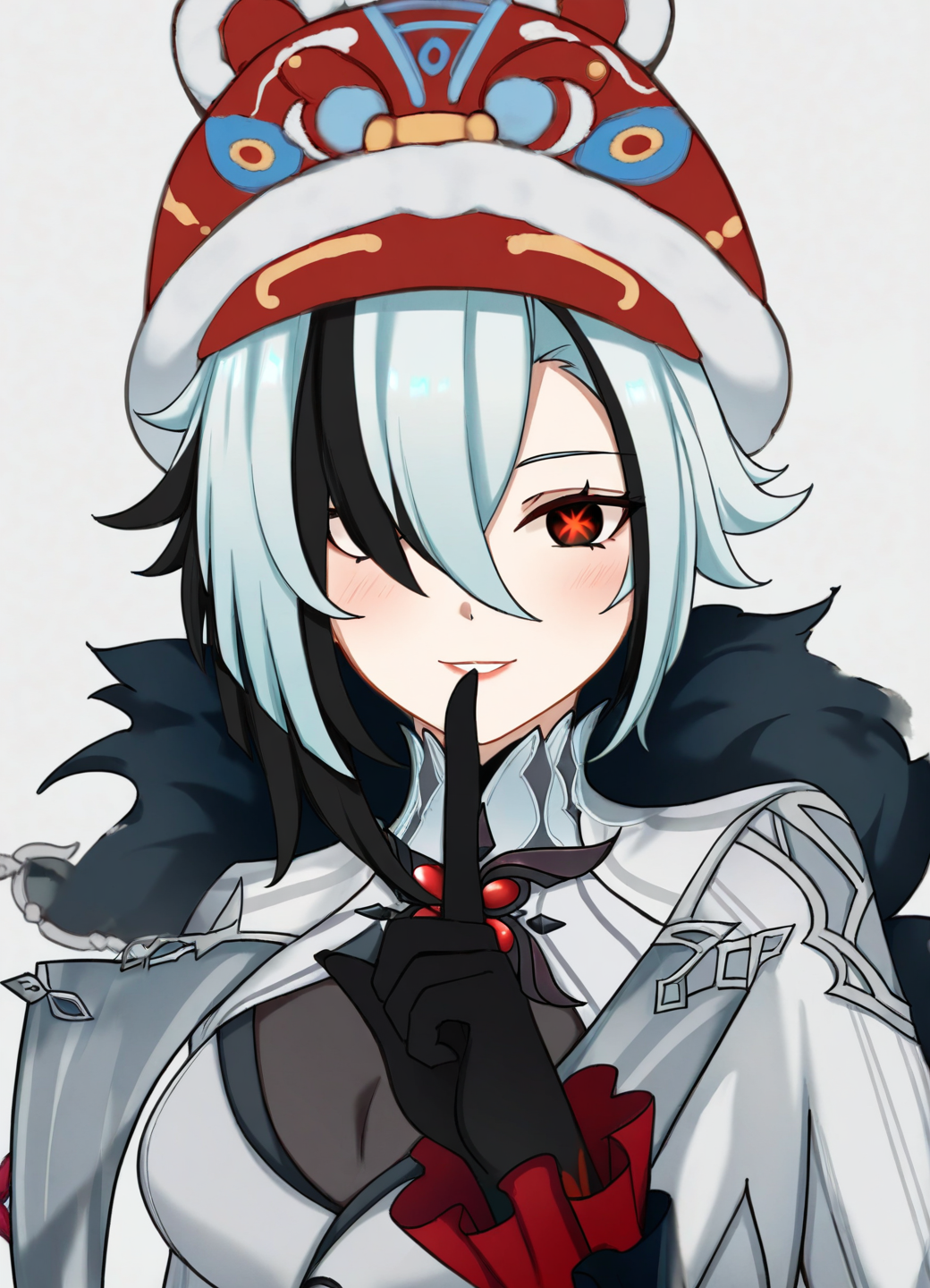 1girl,arlecchino \(genshin impact\),white background,
parted_lips,sidelocks,turtleneck,black_gloves,x-shaped_pupils,:d,looking_at_viewer,simple_background,highres,english_commentary,finger_to_mouth,index_finger_raised,solo,grey_background,1girl,long_sleeves,
<lora:Hutou_Hat Noob:0.9>,hat,hutou hat,tiger hat,red hat,fur_trim,light blush,(slight smile),animal ears,