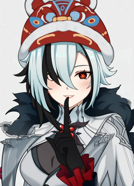 1girl,arlecchino \(genshin impact\),white background,
parted_lips,sidelocks,turtleneck,black_gloves,x-shaped_pupils,:d,looking_at_viewer,simple_background,highres,english_commentary,finger_to_mouth,index_finger_raised,solo,grey_background,1girl,long_sleeves,
<lora:Hutou_Hat Noob:0.9>,hat,hutou hat,tiger hat,red hat,fur_trim,light blush,(slight smile),animal ears,