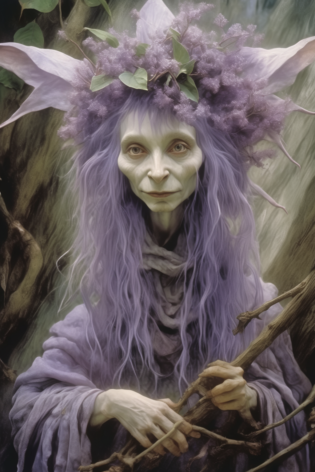 <lora:Wendy Froud Style:1>Wendy Froud Style - a cinematic film still of Lilac magic in the style of Brian Froud