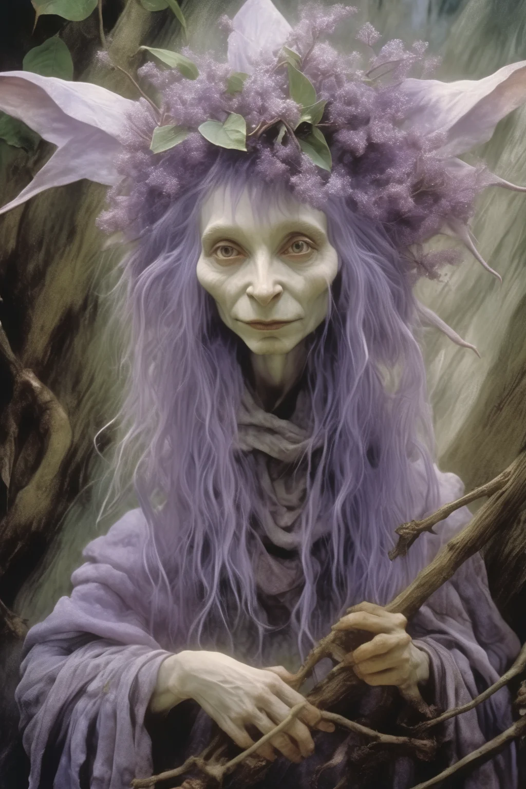 <lora:Wendy Froud Style:1>Wendy Froud Style - a cinematic film still of Lilac magic in the style of Brian Froud
