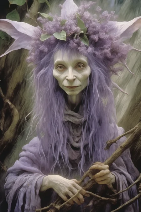 <lora:Wendy Froud Style:1>Wendy Froud Style - a cinematic film still of Lilac magic in the style of Brian Froud