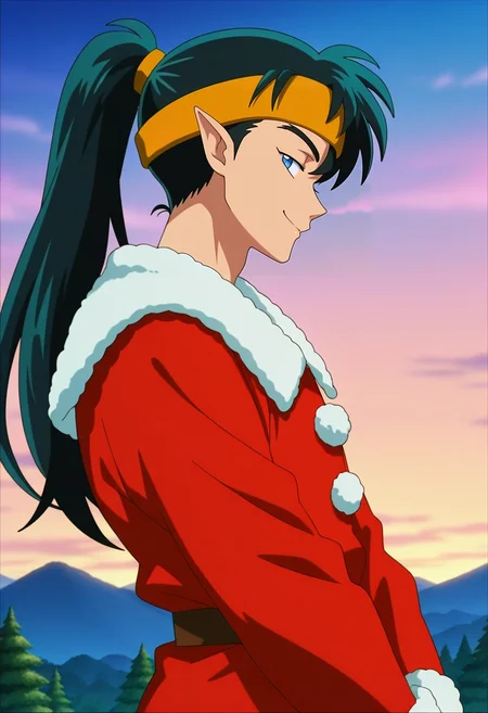 masterpiece, best quality, , anime screencap, anime coloring, , looking at viewer, 1boy, solo, male focus, <lora:kouga_inuyasha_ilxl:0.9>, kouga_inuyasha, black hair, blue eyes, long hair, ponytail, pointy ears, headband, , profile, treetops city, dawn, v arms, half-closed eyes, smile, christmas costume