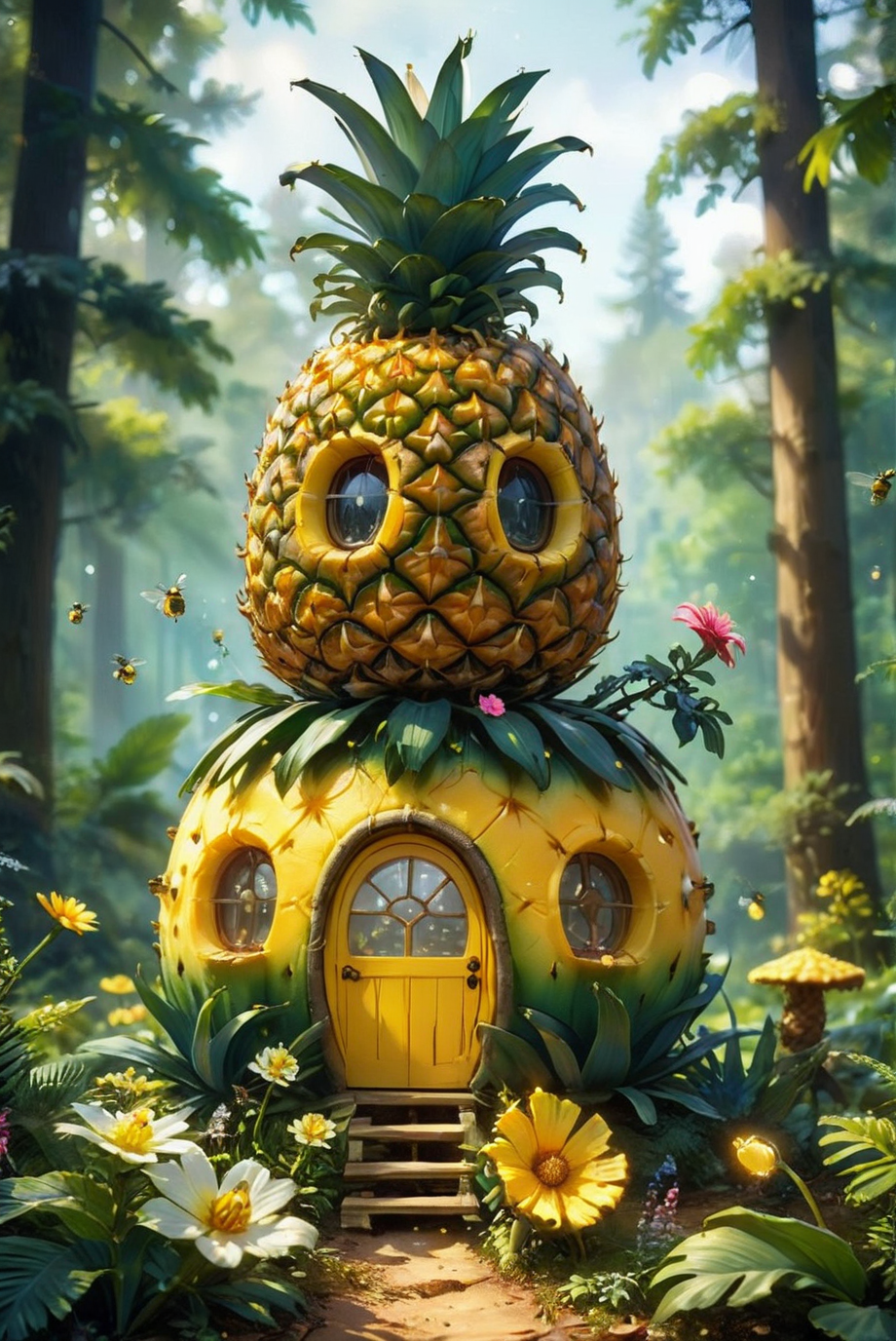 A hyper-realistic and surreal scene featuring a pineapple-shaped house in the middle of a forest. The surroundings are adorned with small flowers and glowing fireflies, adding a magical touch. The image is captured using tilt-shift photography, creating a dreamy, blurred background with a slight mist, enhancing the whimsical and fantastical atmosphere. The details of the pineapple house, the delicate flowers, and the fireflies are meticulously rendered, making it a captivating and enchanting visual experience.
hyper-realistic, surreal, pineapple-shaped house, forest, small flowers, glowing fireflies, tilt-shift photography, dreamy, blurred background, slight mist, whimsical, fantastical, meticulously rendered, captivating, enchanting visual experience.
<lora:20240627-1719439682067:0.8> FRESHIDEAS Fantasy Cottage,
<lora:add-detail-xl:1.0>,
<lora:EnvyBetterHiresFixXL01:1.0>,
<lora:extremely_detailed:1.0>, extremely detailed, 
<lora:EldritchMixIllustration_1.1:0.75>,
<lora:zavy-cntrst-sdxl:0.5> dark, chiaroscuro, low-key,