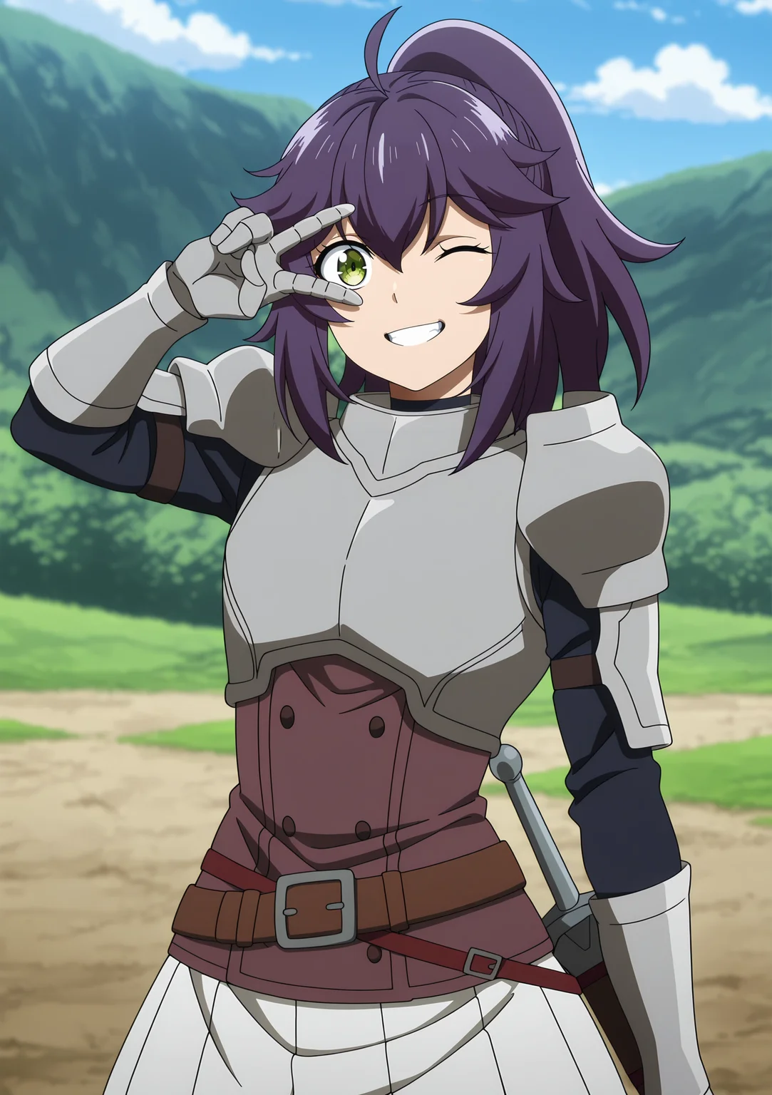 volumetric lighting, official style, amazing quality, ultra detailed, highres, detailed background,anime coloring, (anime screencap) masterpiece, detailed face,1girl<lora:Aul__:1>Aul, armor, solo, skirt, outdoors, purple hair, sky, pleated skirt, green eyes, ponytail, breastplate, shoulder armor, bangs, day, blurry background, weapon, sword, white skirt, blurry, blue sky, gauntlets, hair between eyes, teeth, belt, cloud, ahoge, long hair, standing, smile, looking at viewer, one eye closed, v, peace sign over eye