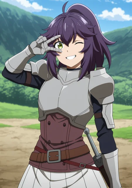 volumetric lighting, official style, amazing quality, ultra detailed, highres, detailed background,anime coloring, (anime screencap) masterpiece, detailed face,1girl<lora:Aul__:1>Aul, armor, solo, skirt, outdoors, purple hair, sky, pleated skirt, green eyes, ponytail, breastplate, shoulder armor, bangs, day, blurry background, weapon, sword, white skirt, blurry, blue sky, gauntlets, hair between eyes, teeth, belt, cloud, ahoge, long hair, standing, smile, looking at viewer, one eye closed, v, peace sign over eye