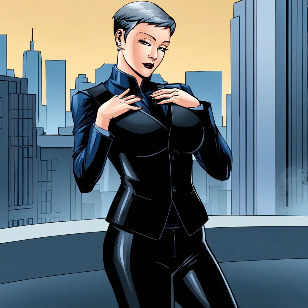 (masterpiece), best quality, expressive eyes, amazing quality, solo, 1girl, black vest, earrings, very short hair, hand on own chest, black jacket, formal,  black pants,  City, black eyes, grey hair, Mature female,