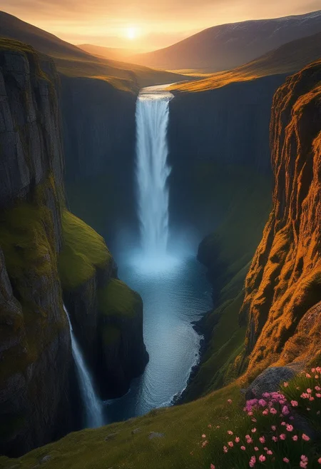 Scottish cliffs, waterfall, Dream Scenery,
detailxl, valley, mountains, rocks, spring, sunset