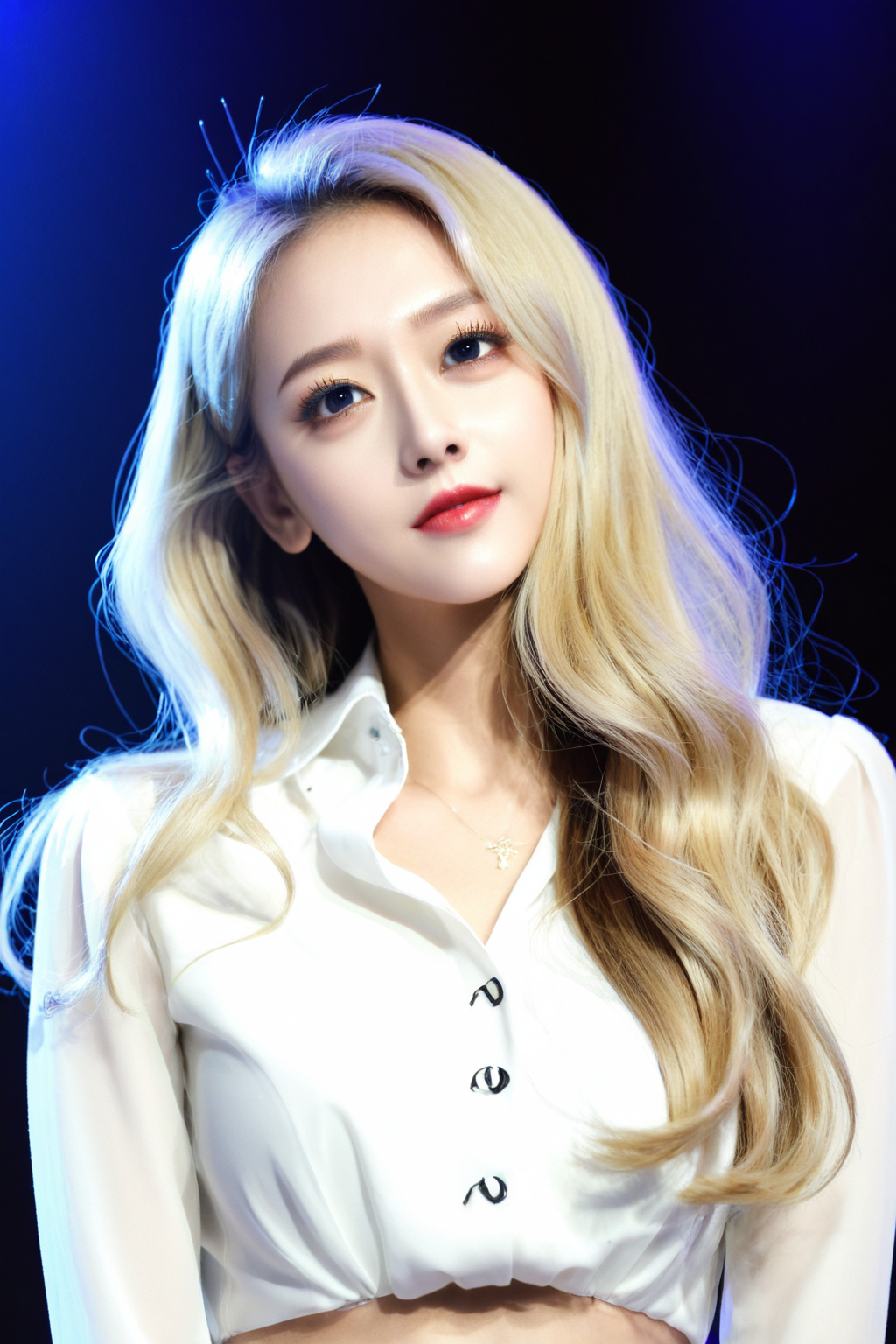 beautiful girl, amazing famous global kpop idol star, (from front:1.3), standing, (looking at viewer), question, blonde hair, very long hair, wavy hair, (head tilt), white blouse, ((upper body shot)), huge breasts, close photo, <lora:K-Tuned06:0.5>, (concert:1.2),