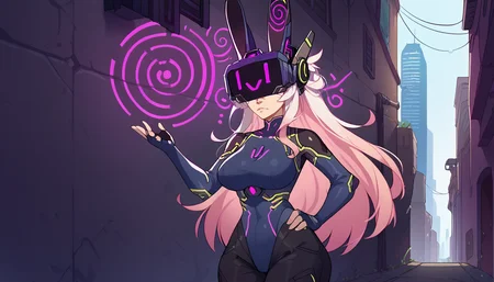 zPDXL,anime artwork score_9,score_8_up,score_7_up,2d,<lora:Huffslove_Style_PonyXL:1>,by huffslove,huffslove,<lora:anime-detailer-xl:1.5>,<lora:Expressive_H-000001:1>,Expressiveh,(source_anime),raytracing,rating_questionable,rating_safe,
solo,1girl,mature female,milf,curvy,tall female,toned,large breasts,
outdoors,science fiction,futuristic,cyberpunk,cityscape,scenery,alley,
highleg leotard,black pants,leather pants,gloves,elbow gloves,fingerless gloves,<lora:Z-Tech_hypnotic_visorZko_visor-000019:1>,zkovisor,hypnotic visor,helmet,rabbit ears,:),headphone,rabbit ears,:),mind control,hypnosis,
absurdres,white hair,long hair,gradient hair,pink hair,mechanical parts,
upper body,looking at viewer,cute,attractive,
eye contact,standing,expressionless,hand on own hip,
. anime style,vibrant,studio anime,highly detailed,