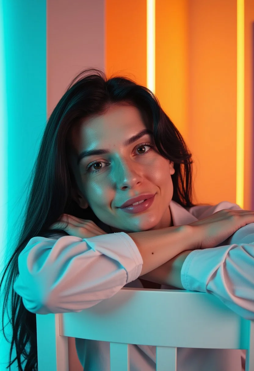A minimalist, close-up portrait of a Gorgeous woman with black long hair and big breast, petite woman with a serene expression, open eyes, resting her head on her crossed arms over the back of a white chair. She wears a simple white shirt, with her dark hair loosely pulled back. Her face shows light freckles. nighttime photo of a ff-mp building featuring colorful concrete walls with glowing neon rimlighting. The lighting is soft and natural, highlighting her gentle features and creating a calm, peaceful atmosphere.