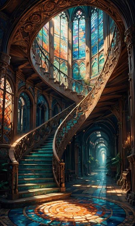 4n1v3rs3, zPDXL2, A grand, spiraling mosaic staircase transitions from cool blues and greens on the left to warm oranges and reds on the right. Each tile bears abstract brush strokes, casting shadows and catching celestial light. Mythical realms await those who ascend SimplePositiveXLv2, <lora:add-detail-xl:2>