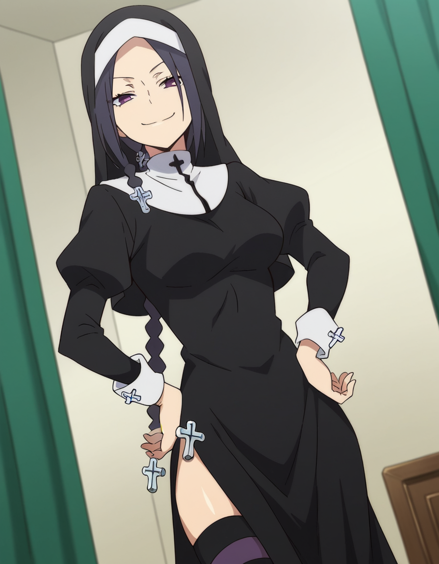 score_9, score_8_up, score_7_up, source_anime, <lora:yae-shinatsuhiko-hnu-ponyxl-lora-nochekaiser:1>, yae shinatsuhiko, long hair, purple eyes, braid, parted bangs, forehead,, thighhighs, striped, cross, striped thighhighs, nun, habit, long sleeves, dress, jewelry, boots, necklace, side slit,, indoors, smug, smile, looking at viewer, solo, hands on hips,, cowboy shot, dutch angle