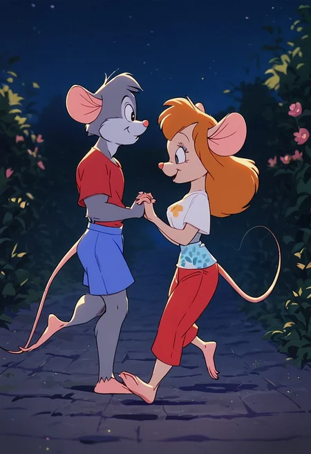 kftenhance, score_9, score_8_up, score_7_up, score_6_up, score_5_up, score_4_up
Night, outdoors, Night city, crowded
1girl, anthro mouse, gadget, medium perky breasts, short blue bra, short blue shorts, flower print, makeup, happy, 3/4 side view, barefoot, break
1boy, mouse anthro, mouse male, male Grey fur, male muscular, male short Red pants, male White t-shirt, break
Duo, 2 charachters
Male and female walking, holding hands
