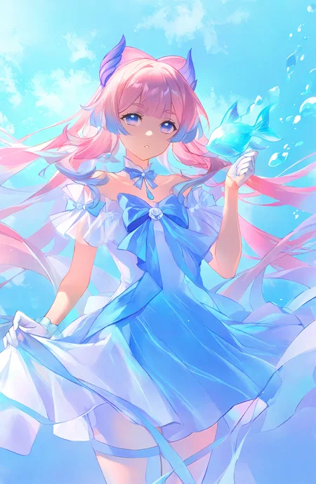 sangonomiya_kokomi, 1girl, solo, long_hair, looking_at_viewer, dress, holding, bow, very_long_hair, purple_eyes, pink_hair, flower, multicolored_hair, sky, bowtie, white_dress, blue_sky, floating_hair, blue_bow, fish, bubble, off-shoulder_dress, bow-shaped_hair
