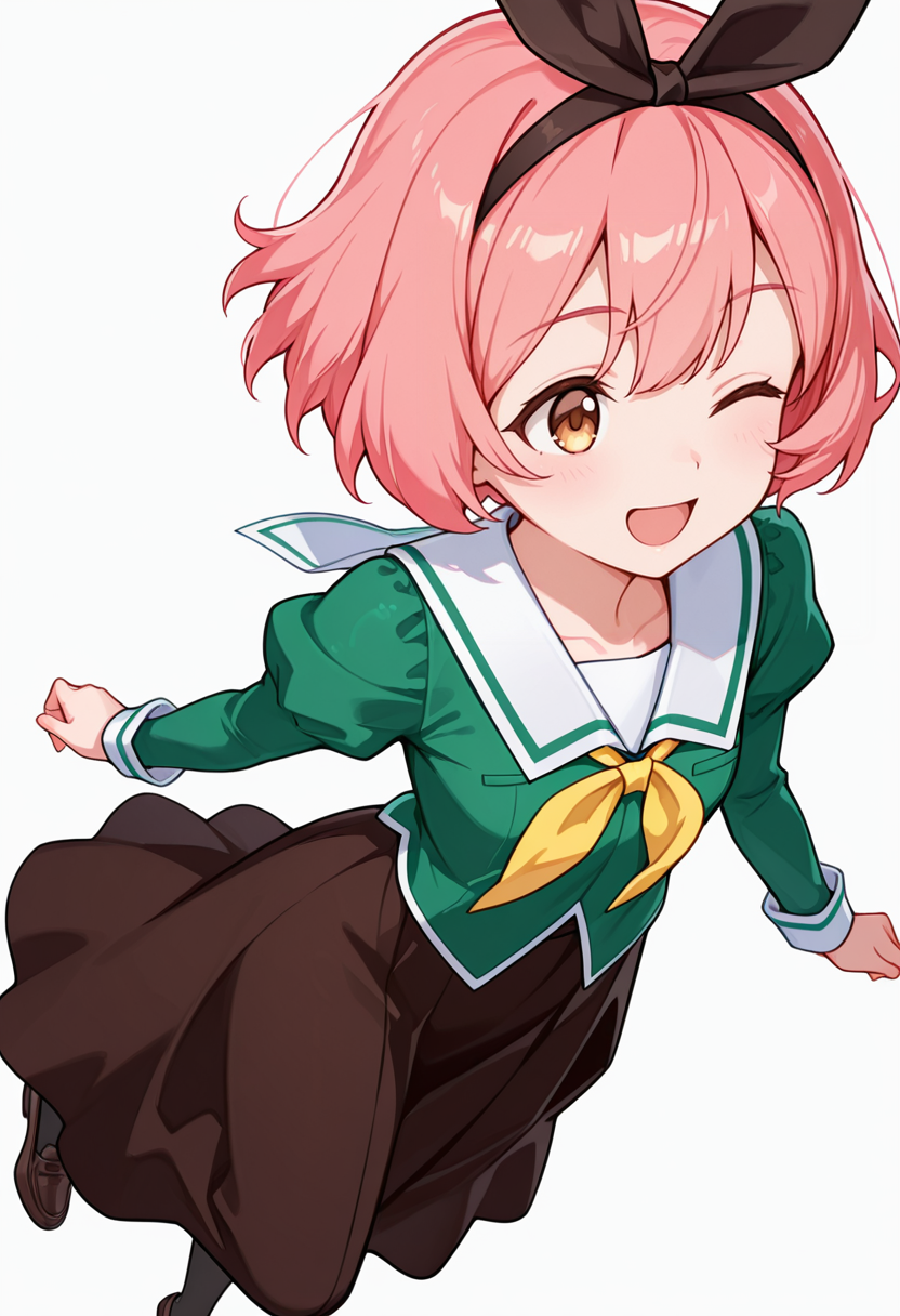 masterpiece,high quality details,absurdres, 
 <lora:Koshiba_Mai:0.8>
mar_cnr, 1girl, pink hair, short hair, bangs, brown eyes,black hairband,
mar_s1,green shirt, white sailor collar, serafuku,long skirt,black-brown skirt, juliet sleeves,pantyhose, loafers,, simple background, white background, dynamic angle,solo,, ;d,