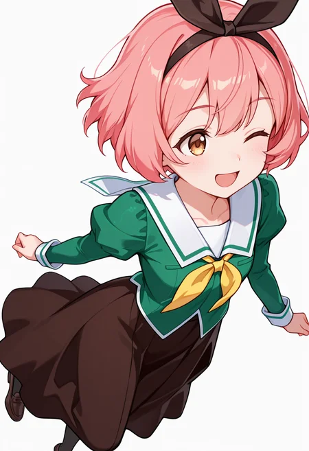 masterpiece,high quality details,absurdres, 
 <lora:Koshiba_Mai:0.8>
mar_cnr, 1girl, pink hair, short hair, bangs, brown eyes,black hairband,
mar_s1,green shirt, white sailor collar, serafuku,long skirt,black-brown skirt, juliet sleeves,pantyhose, loafers,, simple background, white background, dynamic angle,solo,, ;d,